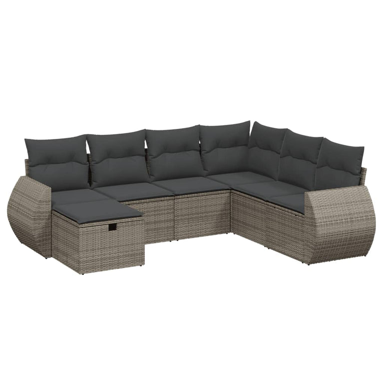 7-delige Loungeset met kussens poly rattan grijs
