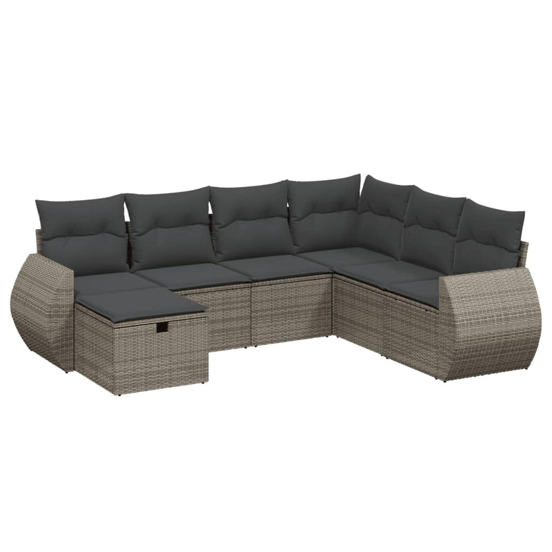 7-delige Loungeset met kussens poly rattan grijs