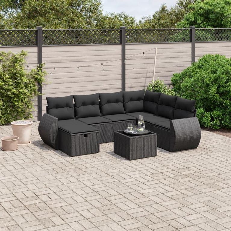 8-delige Loungeset met kussens poly rattan zwart