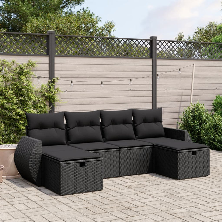 6-delige Loungeset met kussens poly rattan zwart