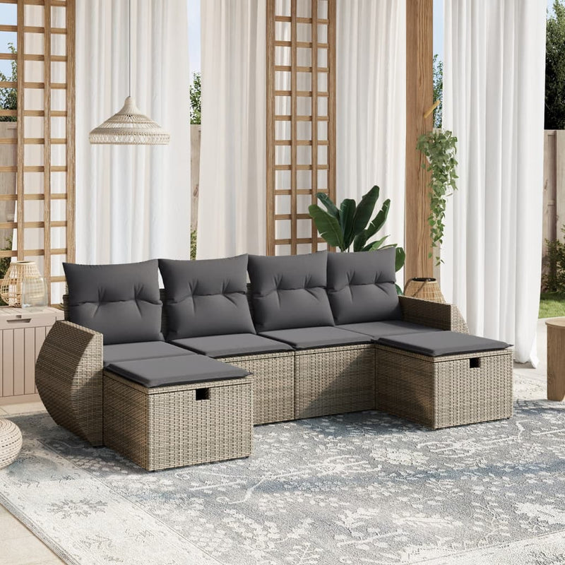 6-delige Loungeset met kussens poly rattan grijs