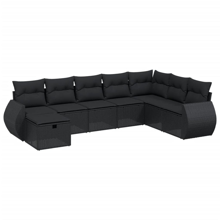 8-delige Loungeset met kussens poly rattan zwart
