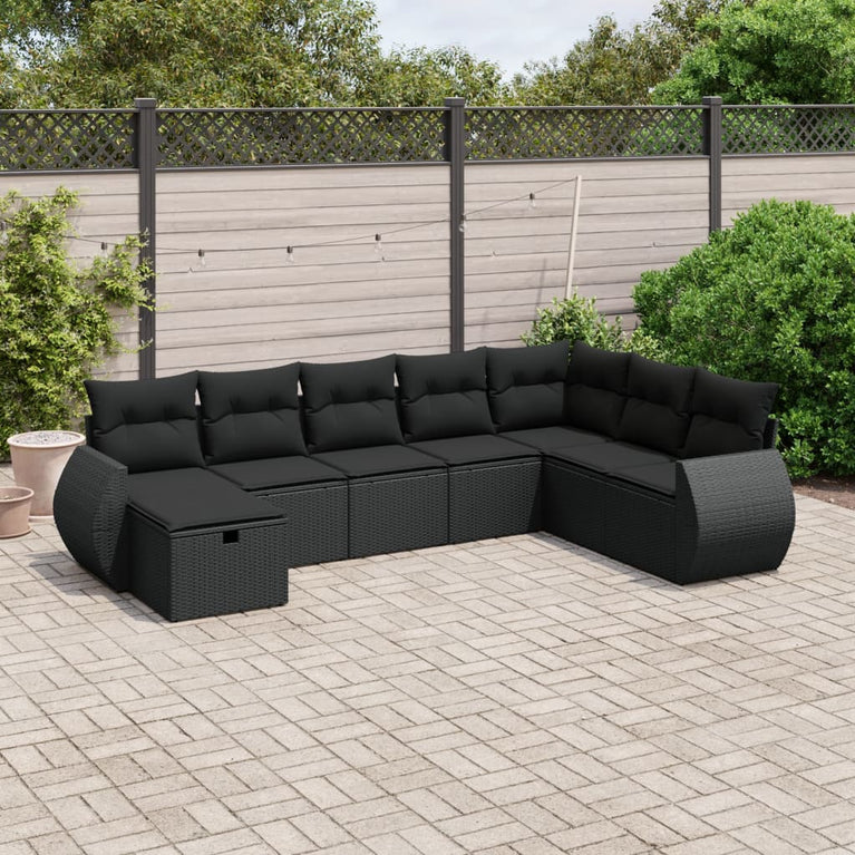 8-delige Loungeset met kussens poly rattan zwart