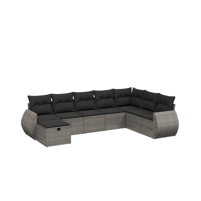 8-delige Loungeset met kussens poly rattan grijs