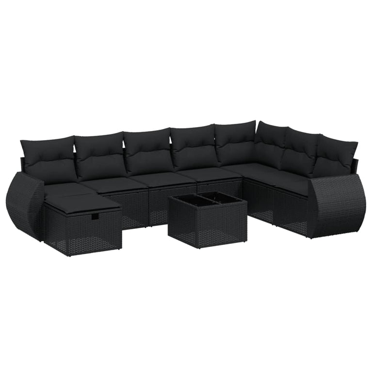 9-delige Loungeset met kussens poly rattan zwart
