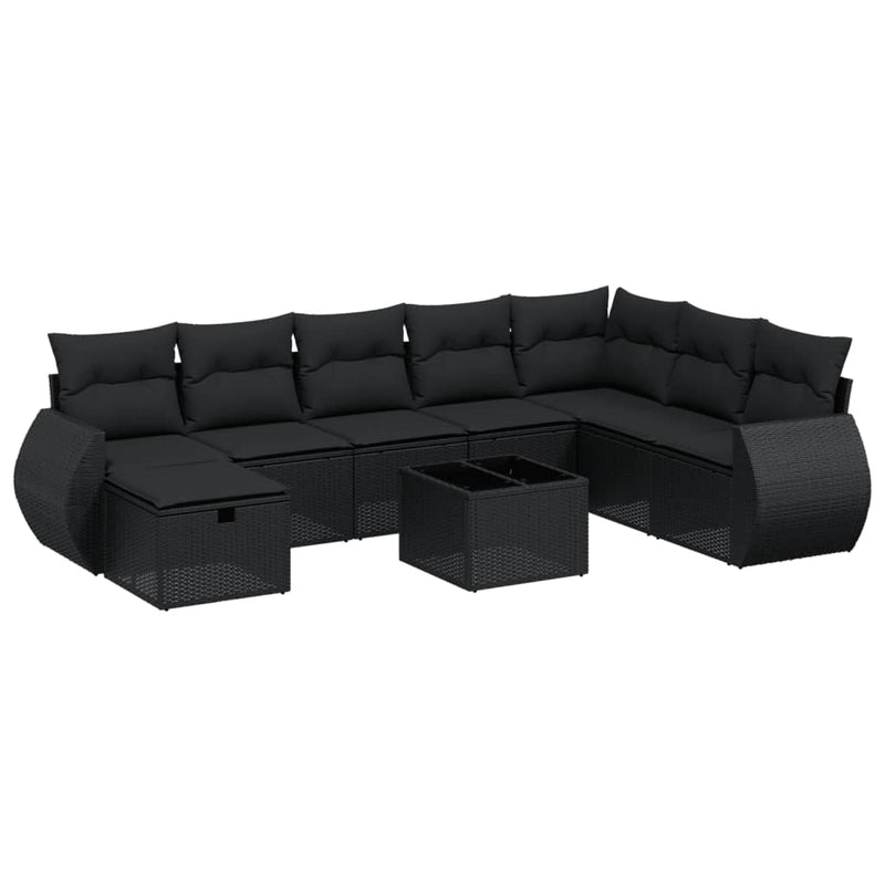 9-delige Loungeset met kussens poly rattan zwart