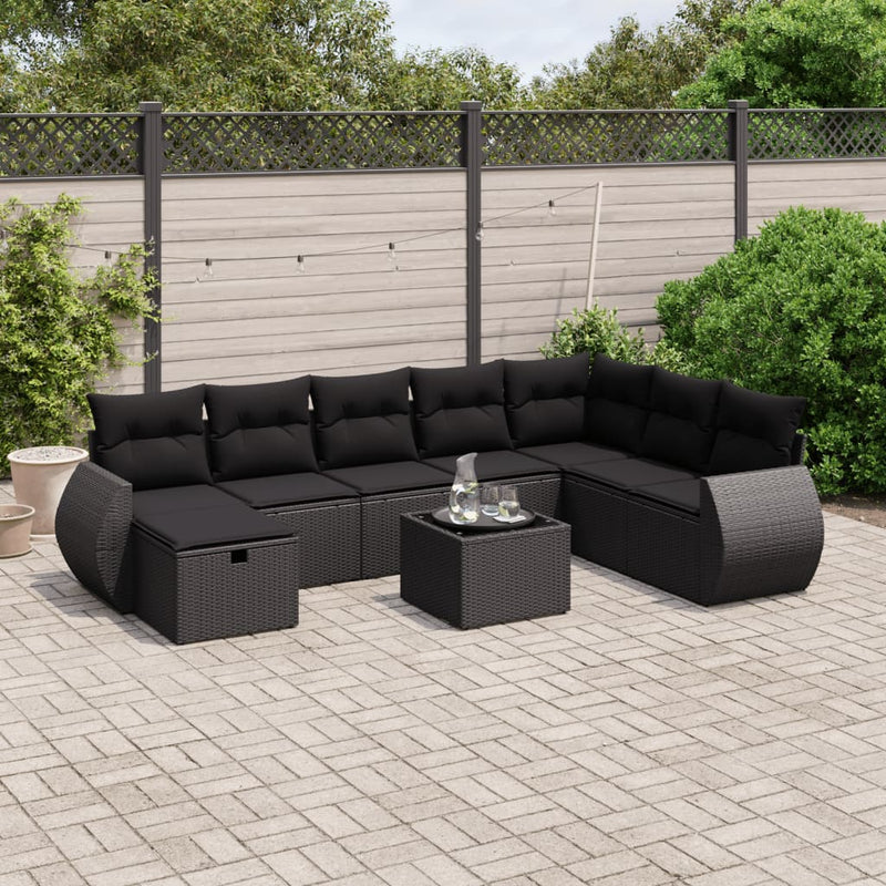 9-delige Loungeset met kussens poly rattan zwart