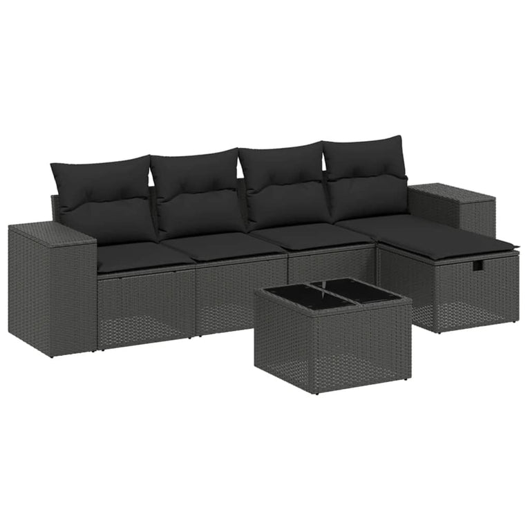 6-delige Loungeset met kussens poly rattan zwart