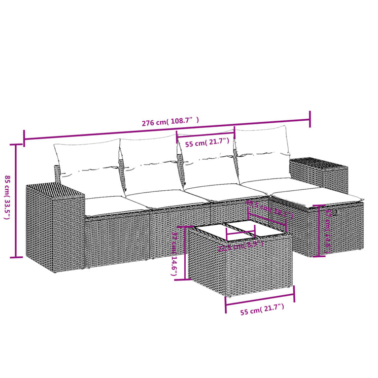 6-delige Loungeset met kussens poly rattan zwart