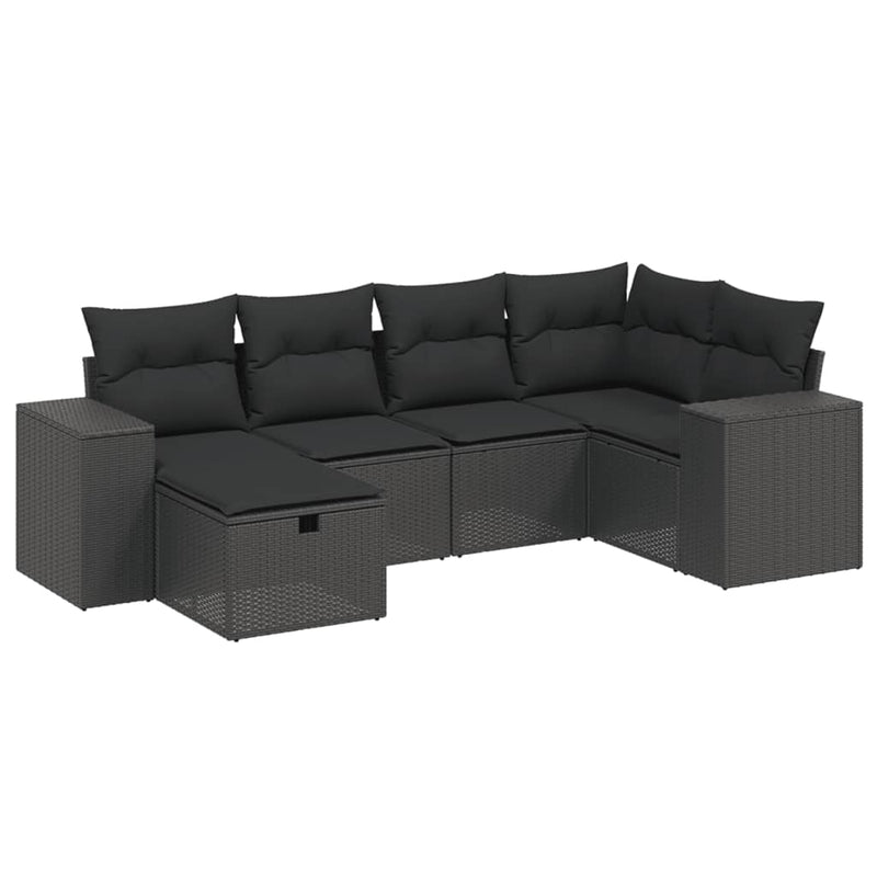 6-delige Loungeset met kussens poly rattan zwart