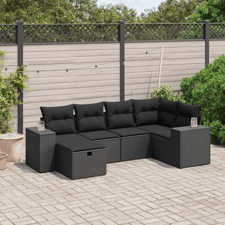 6-delige Loungeset met kussens poly rattan zwart