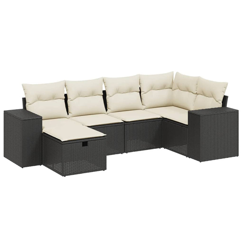 6-delige Loungeset met kussens poly rattan zwart