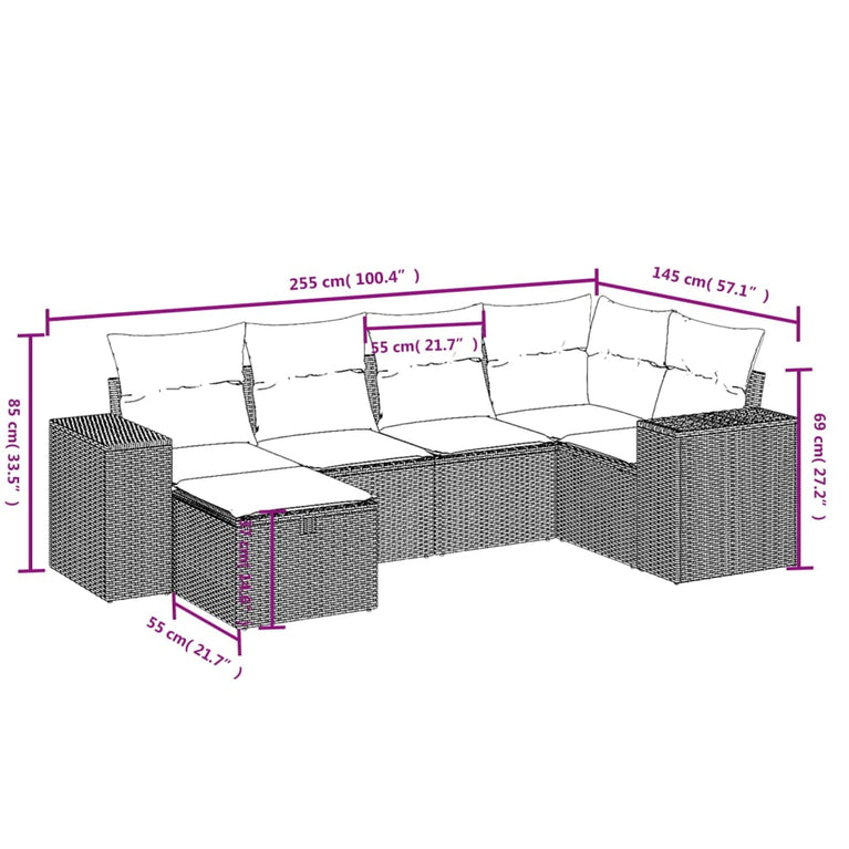 6-delige Loungeset met kussens poly rattan zwart