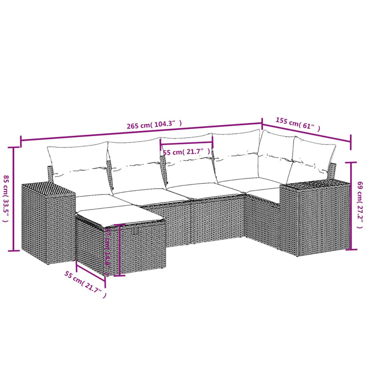 6-delige Loungeset met kussens poly rattan beige