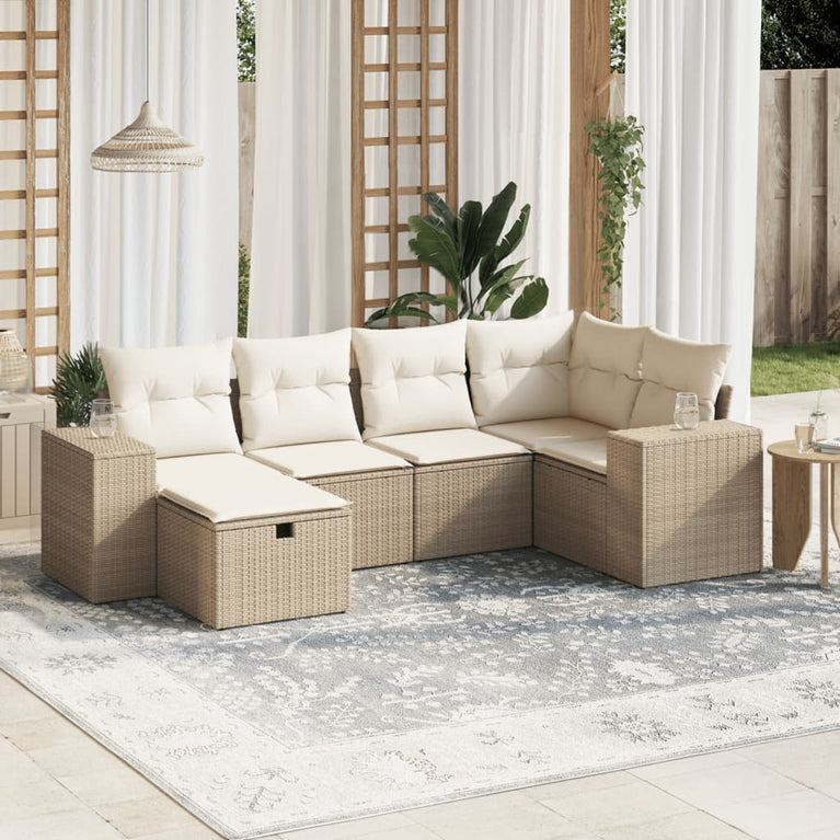 6-delige Loungeset met kussens poly rattan beige