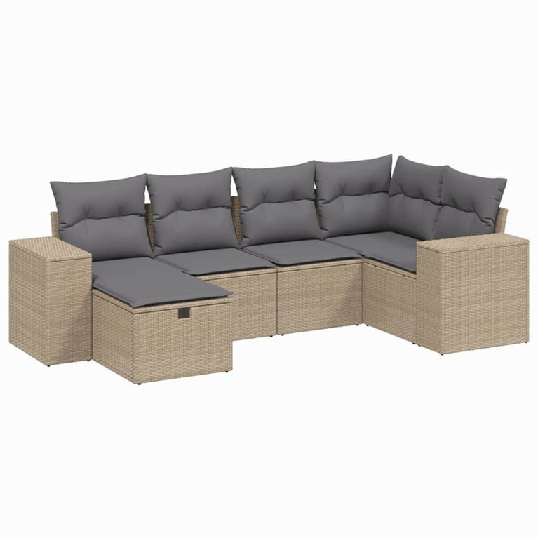 6-delige Loungeset met kussens poly rattan gemengd beige