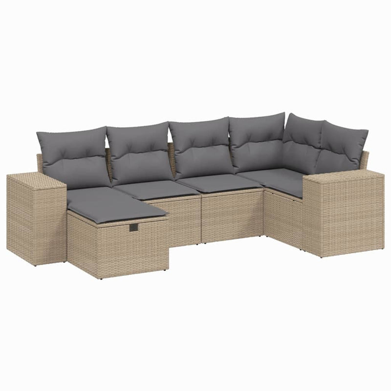 6-delige Loungeset met kussens poly rattan gemengd beige