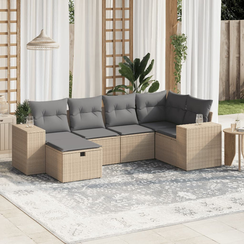 6-delige Loungeset met kussens poly rattan gemengd beige