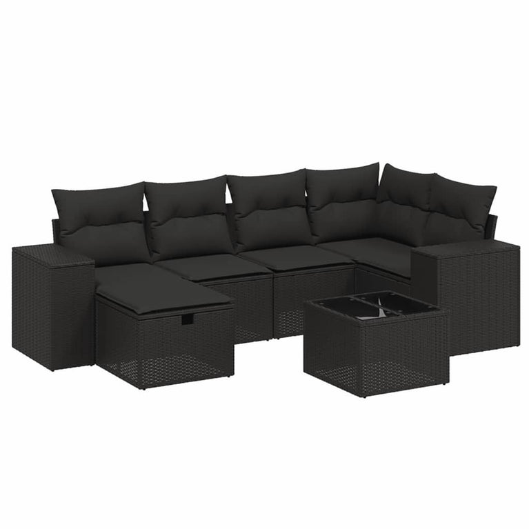 7-delige Loungeset met kussens poly rattan zwart