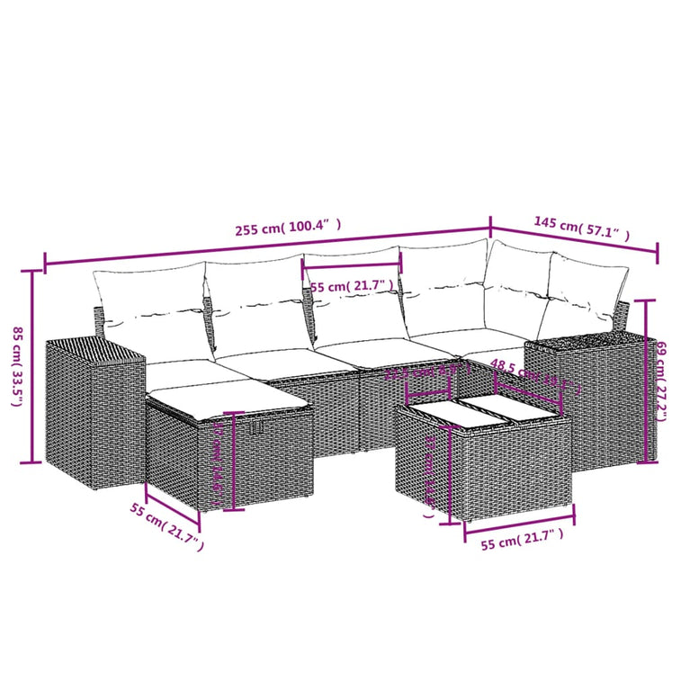 7-delige Loungeset met kussens poly rattan zwart