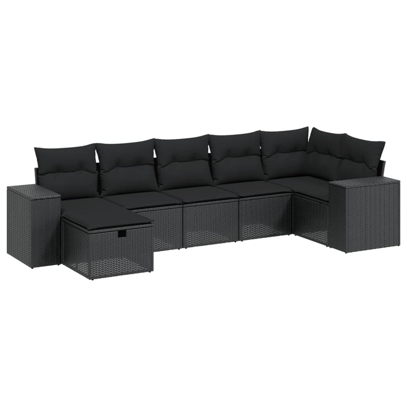 7-delige Loungeset met kussens poly rattan zwart