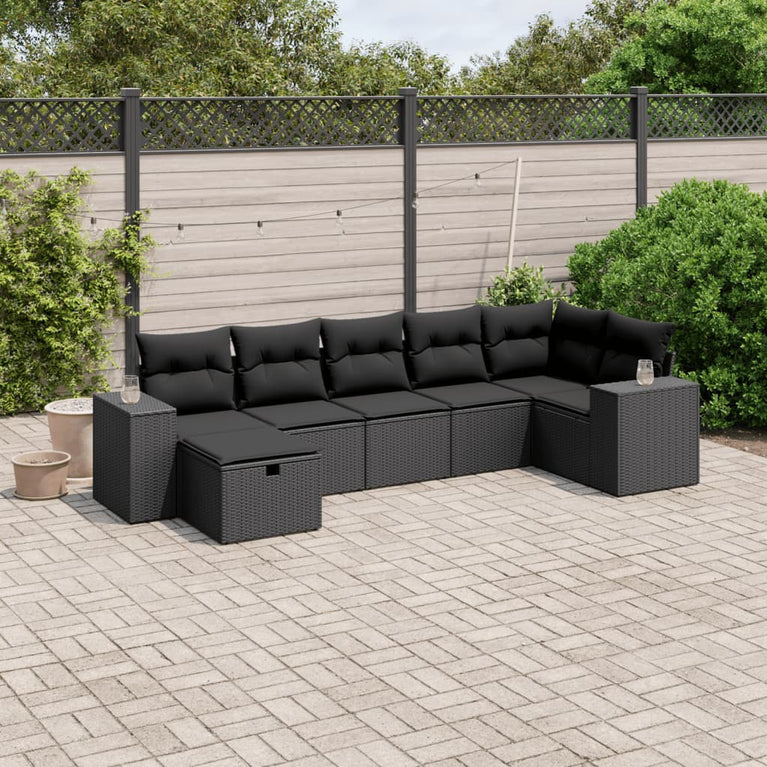 7-delige Loungeset met kussens poly rattan zwart