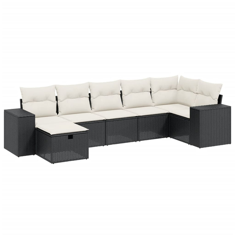 7-delige Loungeset met kussens poly rattan zwart