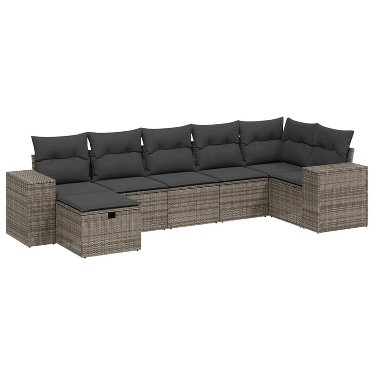 7-delige Loungeset met kussens poly rattan grijs