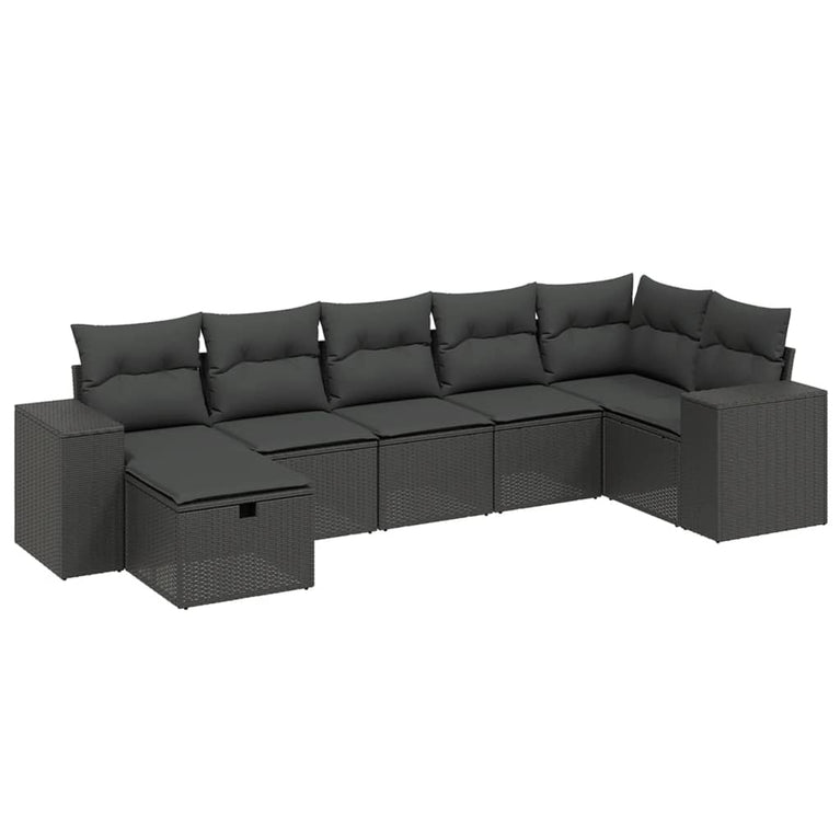 7-delige Loungeset met kussens poly rattan zwart