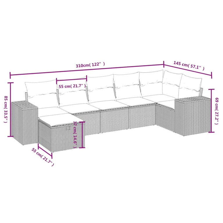 7-delige Loungeset met kussens poly rattan zwart