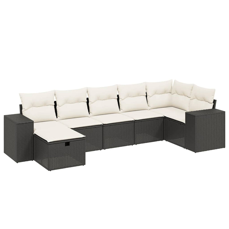 7-delige Loungeset met kussens poly rattan zwart
