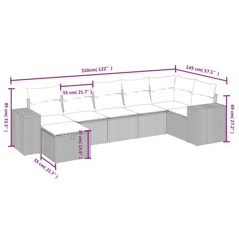 7-delige Loungeset met kussens poly rattan zwart