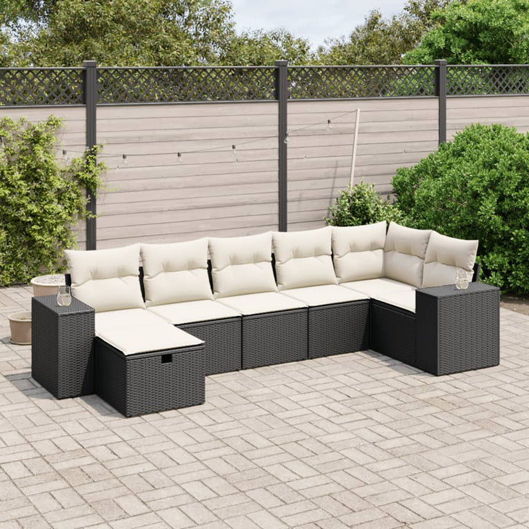 7-delige Loungeset met kussens poly rattan zwart