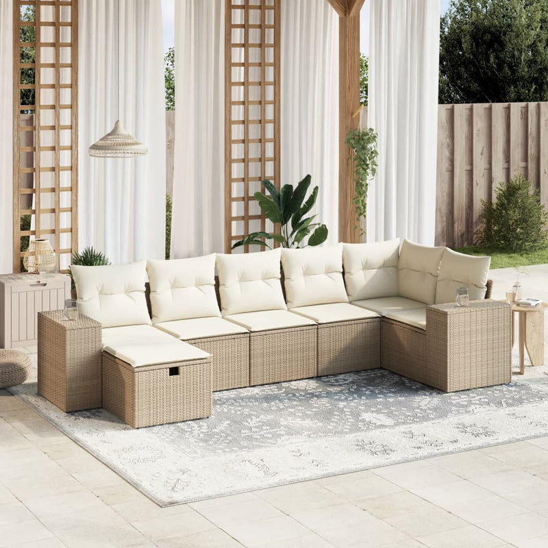7-delige Loungeset met kussens poly rattan beige