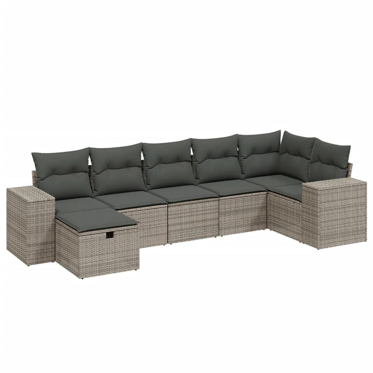 7-delige Loungeset met kussens poly rattan grijs
