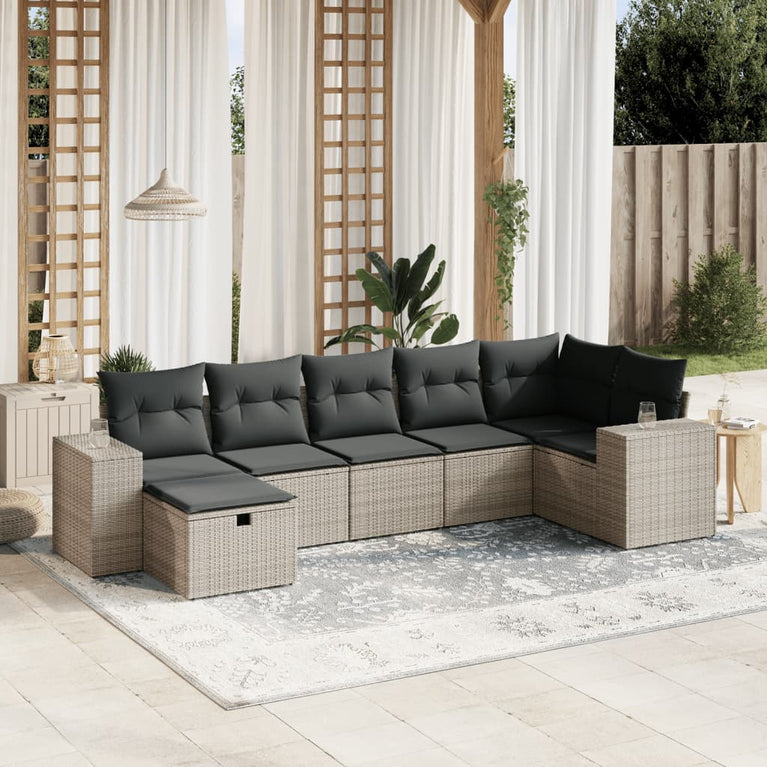 7-delige Loungeset met kussens poly rattan grijs