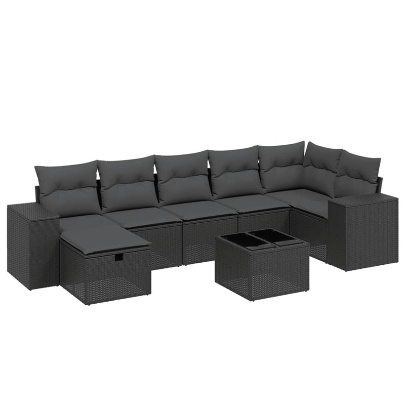 8-delige Loungeset met kussens poly rattan zwart