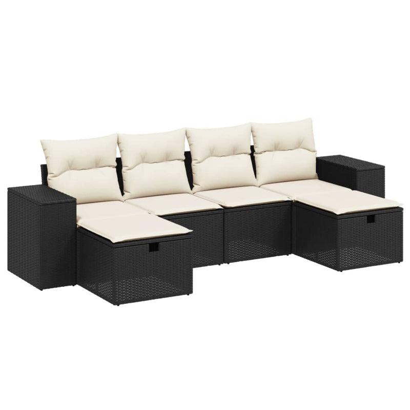 6-delige Loungeset met kussens poly rattan zwart