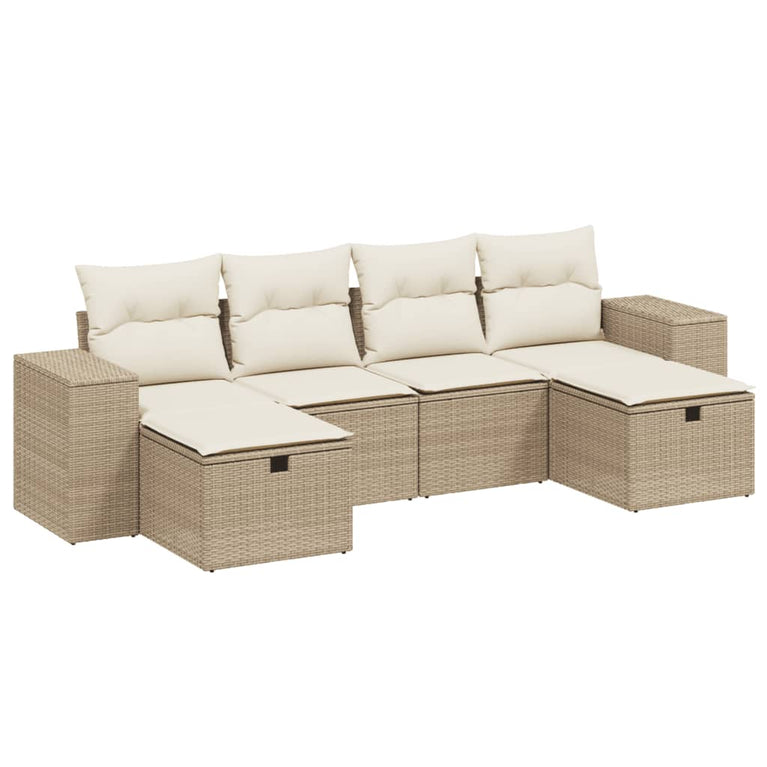 6-delige Loungeset met kussens poly rattan beige