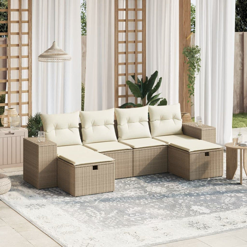 6-delige Loungeset met kussens poly rattan beige