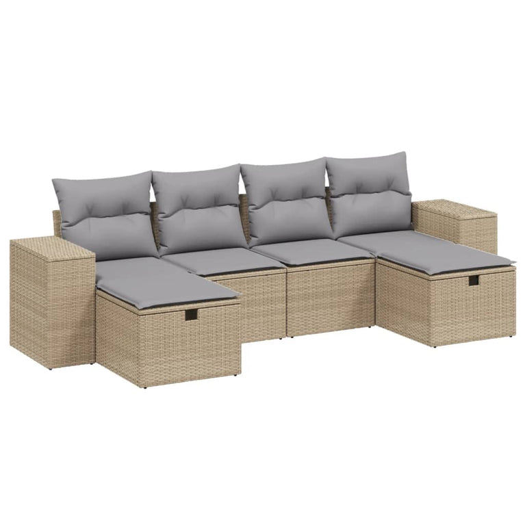 6-delige Loungeset met kussens poly rattan gemengd beige