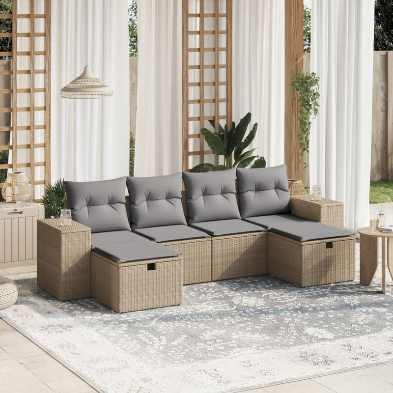 6-delige Loungeset met kussens poly rattan gemengd beige