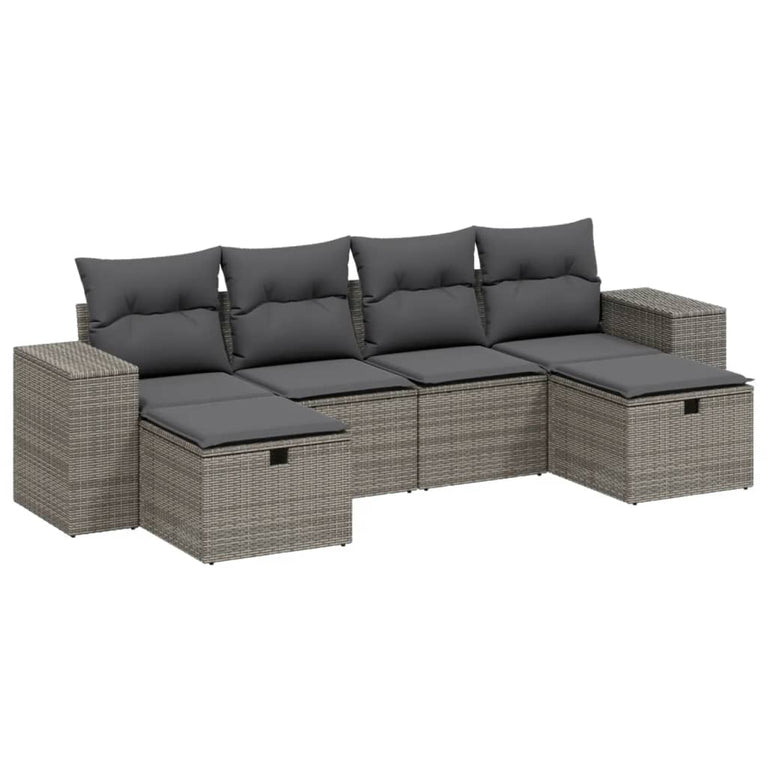 6-delige Loungeset met kussens poly rattan grijs