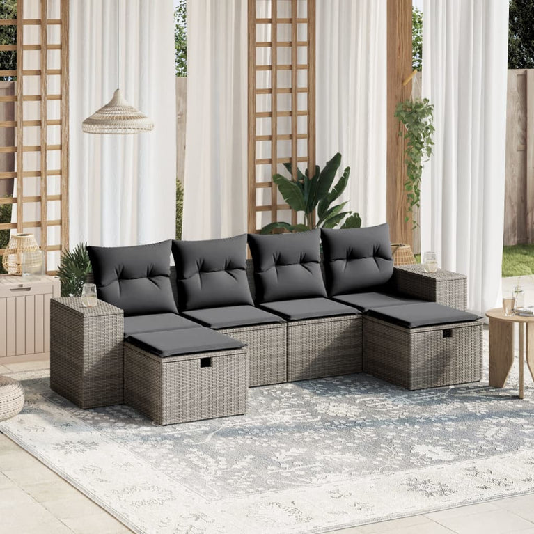 6-delige Loungeset met kussens poly rattan grijs