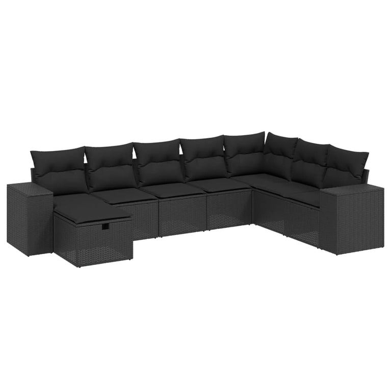 8-delige Loungeset met kussens poly rattan zwart