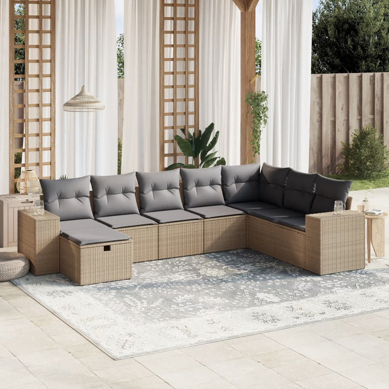 8-delige Loungeset met kussens poly rattan gemengd beige