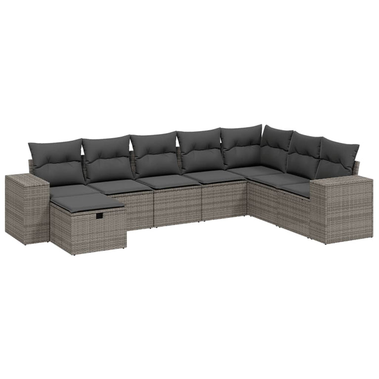 8-delige Loungeset met kussens poly rattan grijs