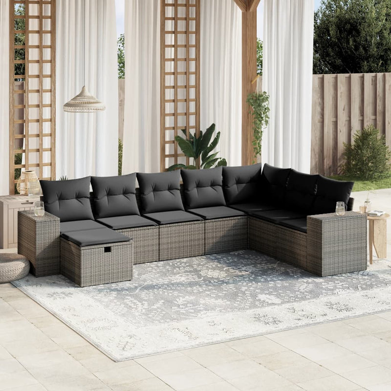 8-delige Loungeset met kussens poly rattan grijs