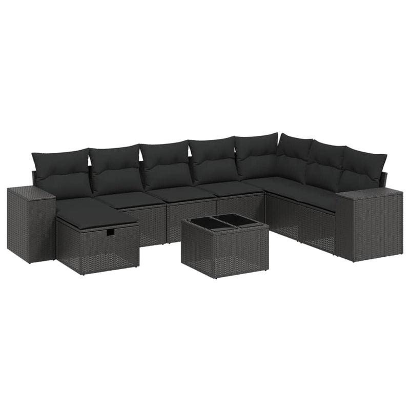 9-delige Loungeset met kussens poly rattan zwart
