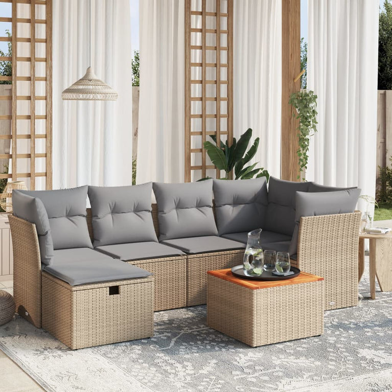 7-delige Loungeset met kussens poly rattan gemengd beige